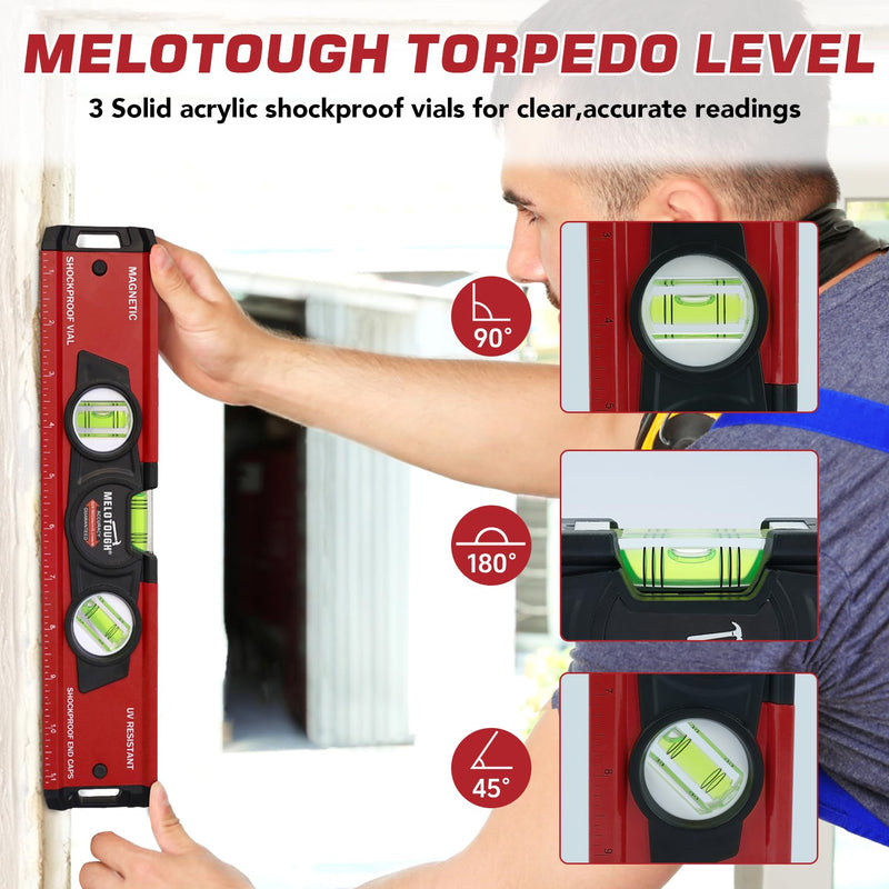 MELOTOUGH 12 Inch Torpedo Level Magnetic,Small Leveler Tool,Aluminum Level with Inch Scale,45°/90°/180°Vial Bubble Level(Red) Red