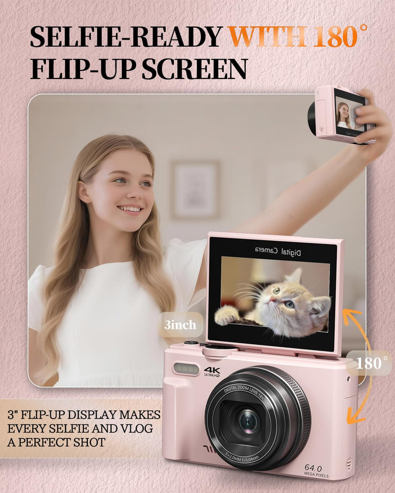 4K Digital Camera for Beginners & Teens, Compact Vlogging Camera with 180° Flip Screen, Autofocus, Easy-to-Use for Travel & YouTube, 18X Zoom, WiFi, 2 Batteries, 32GB Card Deep Pink