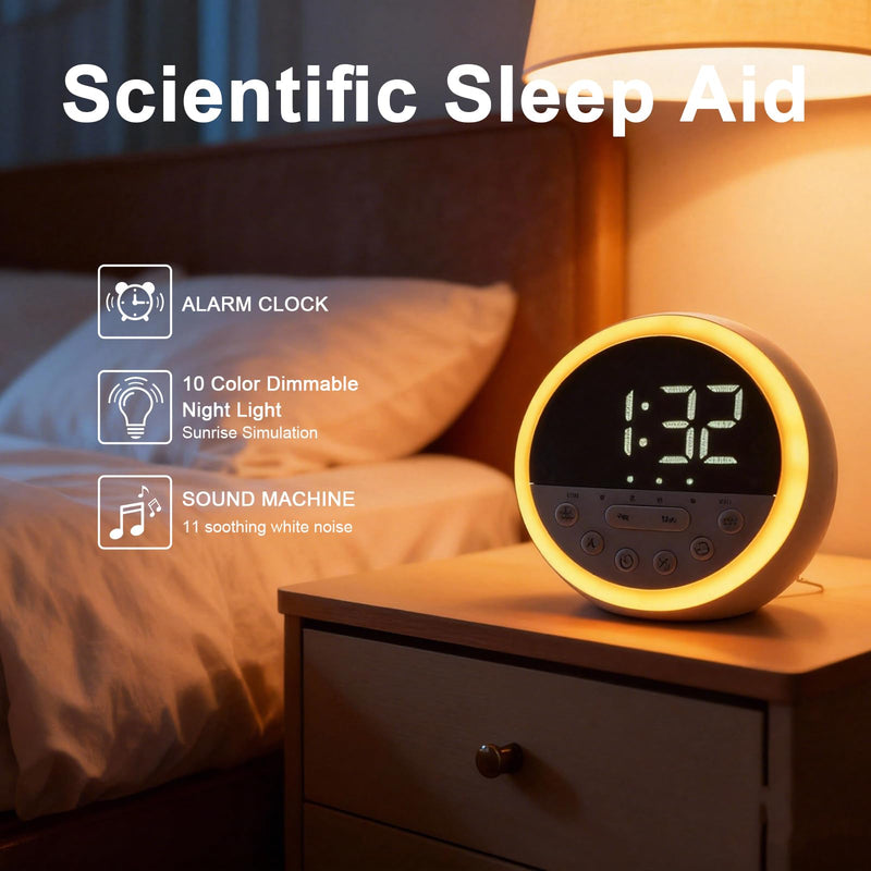 Sunrise Alarm Clock and Sound Machine Nightlight Adjustable Brightness, Rechargeable Wake Up Light Digital, Sleep Timer, Sleep Sounds, White Noise for Baby Kids Adults, Nature Soft Light for Bedroom Grey Height-10cm