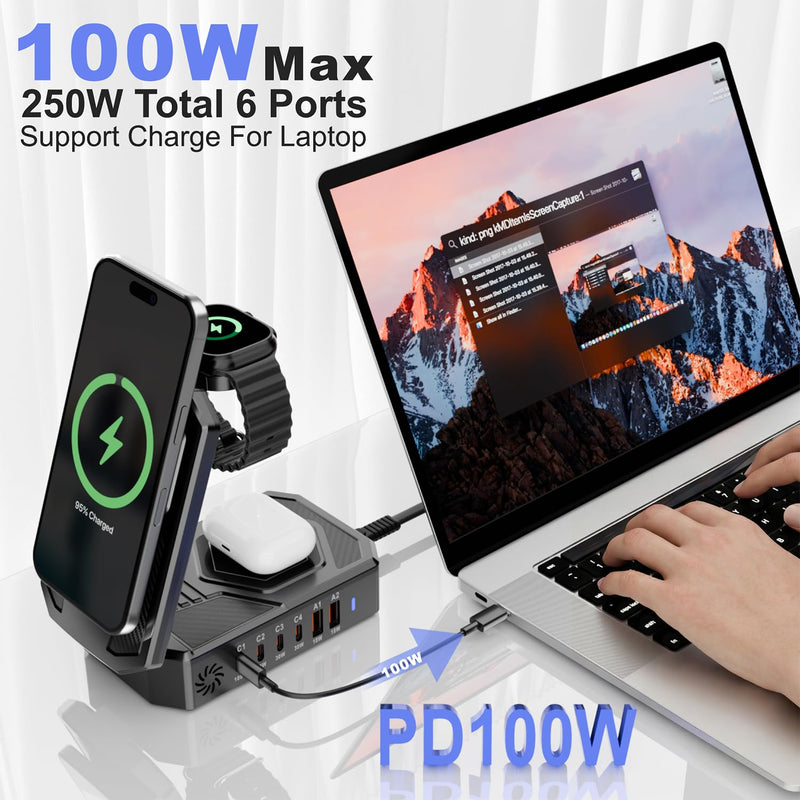 9-in-1 Magnetic Charging Station Foldable - 250W Hub with 100W USB-C for Laptops, 3-in-1 Wireless Dock for Phones/Watches/Earbuds
