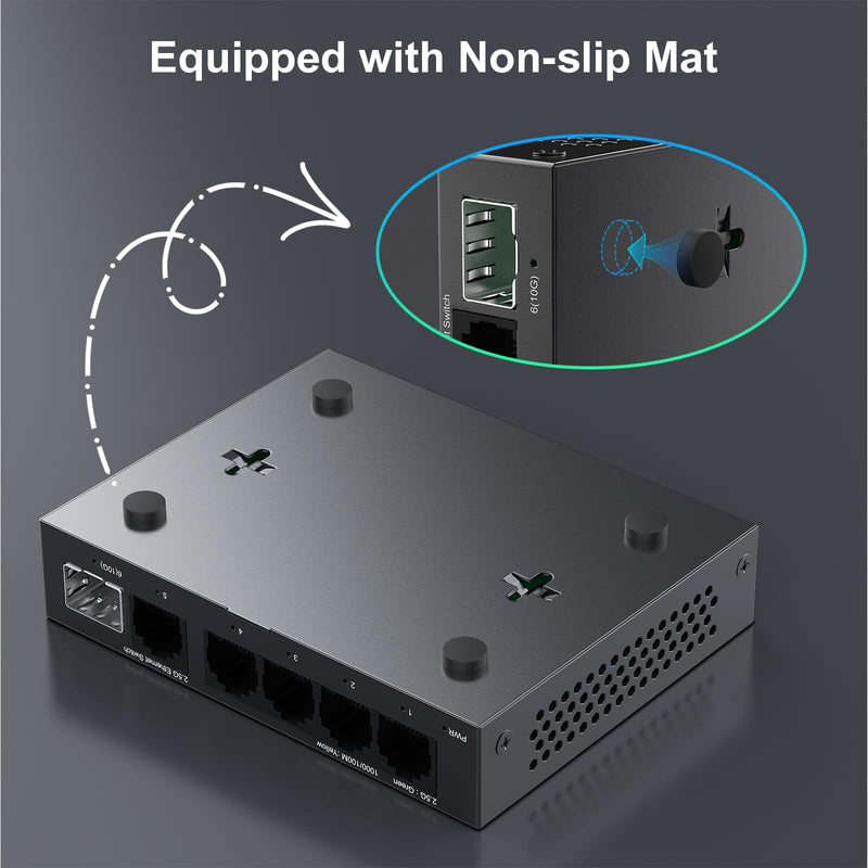 5 Port 2.5Gb Unmanaged Ethernet Switch with 10G SFP+,5 x 2.5G Base-T Ports Compatible with 10/100/1000Mbps,Plug&Play Metal Fanless Multi-Gigabit Homelab Setup Network Switch,Wall Mountable GT-ST015