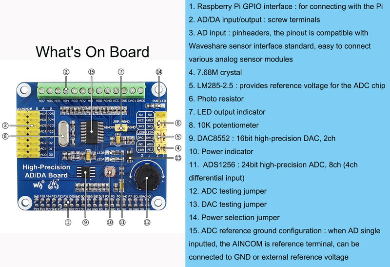 High-Precision AD/DA Expansion Board for Raspberry Pi 4B/3B+/3B/2B/Zero/W/Zero WH and Jetson Nano,Add High-Precision AD/DA Functions to Pi. Onboard ADS1256 8-CH 24bit ADC and DAC8532 2-CH 16bit DAC