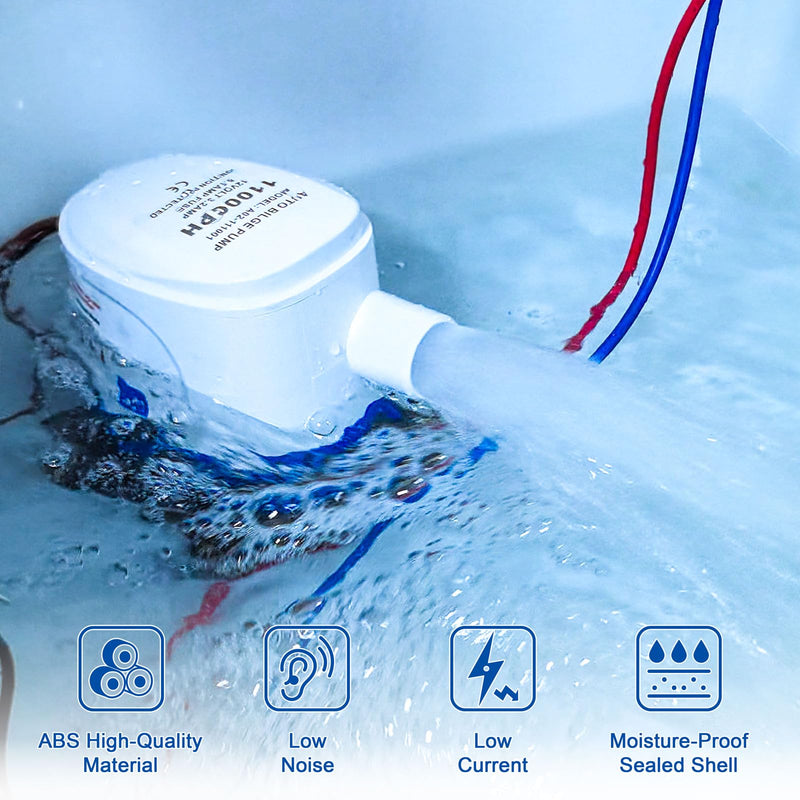 Sanuke 1100GPH Automatic Bilge Pump 12V, Submersible Auto Water Pump with Built-in Float Switch, 29mm (1-1/8") Outlet, Marine Bilge Pump for Boats, Ponds, Pools, Caravan RV | Self-operated Bilge Pumps for Boats, Built-in Float Switch, Low Noise, Electr...