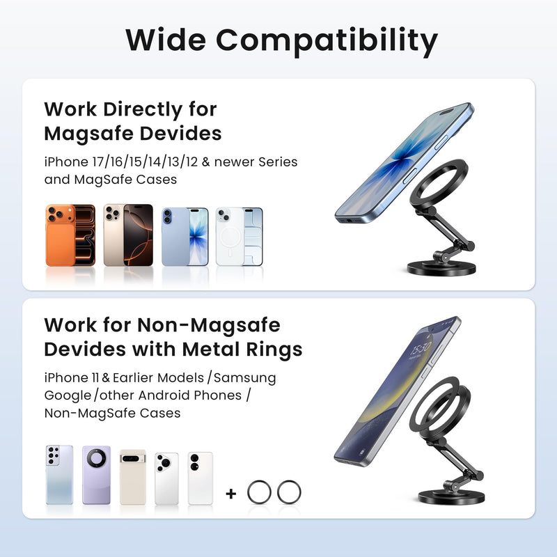 Itramax Magnetic Phone Holder for Magsafe,360° Rotatable iPhone Stand Mount | Dual Sided Ring Smartphone Holder for Desk with Non-Slip Base for iPhone 17 16 Plus 13 12 11,Pixel 9 8,Samsung,Office,Kitchen 360°Rotating - Black