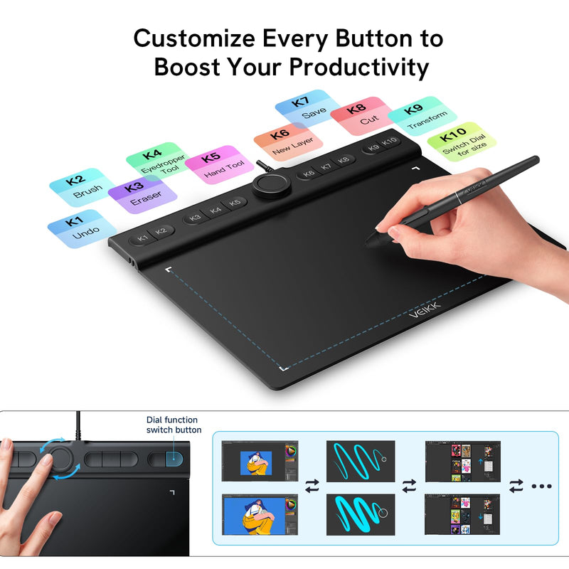 VEIKK VK850 8×5" Drawing Tablet,16384 Pressure Levels Battery-Free Stylus | 10 Shortcut Keys + Quick Dial, for Digital Art, Photo Editing, Teaching,Gaming, Work with PC, Mac, Linux, and Android 8*5 inch