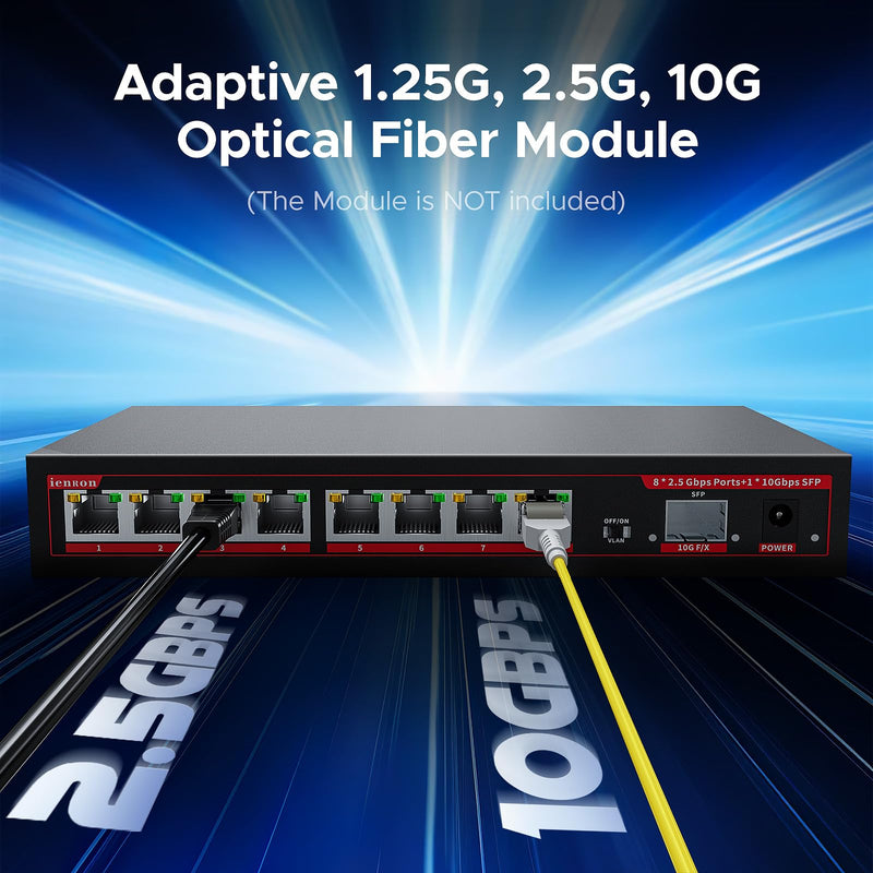 2.5G Switch 9 Ports with 1*10Gb switches , 8 Ports 2.5Gb and 1x10G SFP+ Slot, Vlan Function，Ethernet ,Network Switch, 60Gbps Capacity, Splitter| Plug & Play| Fanless Metal Design| Traffic 9 Port丨8x2.5 Gigabit Ports+1xSFP