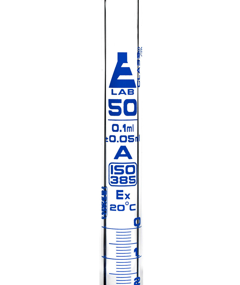 EISCO Burette, 50ml - Class A, ±0.05ml Accuracy - Borosilicate Glass - Straight Bore PTFE Stopcock - 0.1ml Blue Graduations