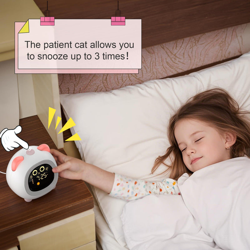 Alarm Clock for Kids, Ok to Wake Clock for Kids with Eye Protection Sleep Training Auto Off Feature 10 Night Light Dual Alarm for Bedroom, Kids Alarm Clock Pink Cat Gifts for Girls Powder Pink
