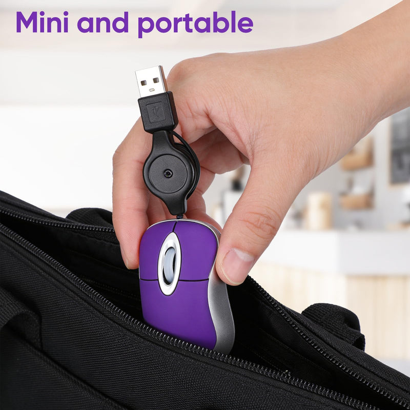 Abaodam Mini USB Mouse with Retractable Cord, Portable Wired Optical Computer Mice for Laptop, Small Travel for Office Business Home School Woman Men Girls Boys Present - Purple