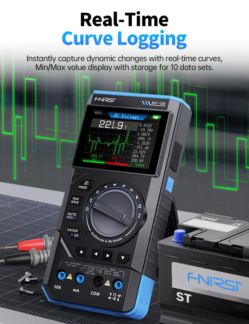 FNRSI Upgraded DST-210 2-in-1 Digital Oscilloscope Multimeter, 48MS/s Sampling Rate, 10MHz Bandwidth, Portable Scope with 2.8" Color TFT Screen, Signal Generator, DMM for Electronics Repair