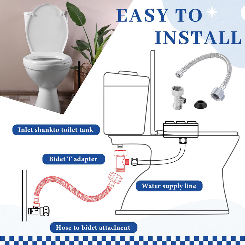 Blulu Bidet T Adapter, Metal T Valve for Bidet 7/8"x7/8"x3/8" with 12 Inch Flexible Toilet Connector, 3 Way Tee Connector Attachment for Toilet Bathroom