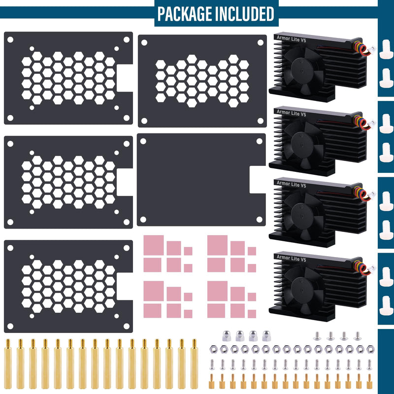 GeeekPi 4 Layers Cluster Case for Raspberry Pi 5, Pi 5 Stackable Case with 4PCS Armor Lite V5 Active Cooler for Raspberry Pi 5 8GB 4GB Brown