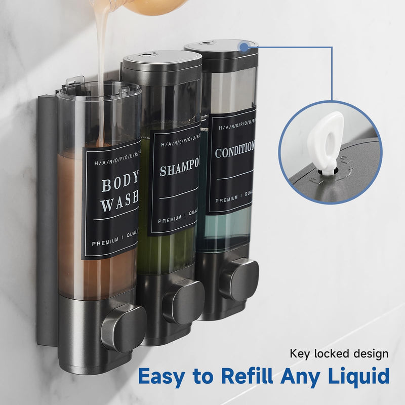 Shampoo and Conditioner Dispenser,Shower Soap Dispenser 3 Chamber No Drill Wall-Mounted Shampoo Dispenser for Shower Wall Mounted Shower Dispenser for Bathroom Hotel Large Capacity,Dark Gray1 Dark Gray 3 Chamber