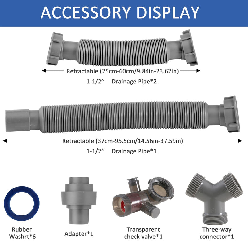 Double Sink Drain Kit Flexible 1 1/2 Inch P-Trap Pipe Comes with Visual One Way Drain Valve 4-Way Connector for Bathroom Kitchen Sink Dishwasher Garbage Disposer Drain Pipe 1 1/2 inches Gray