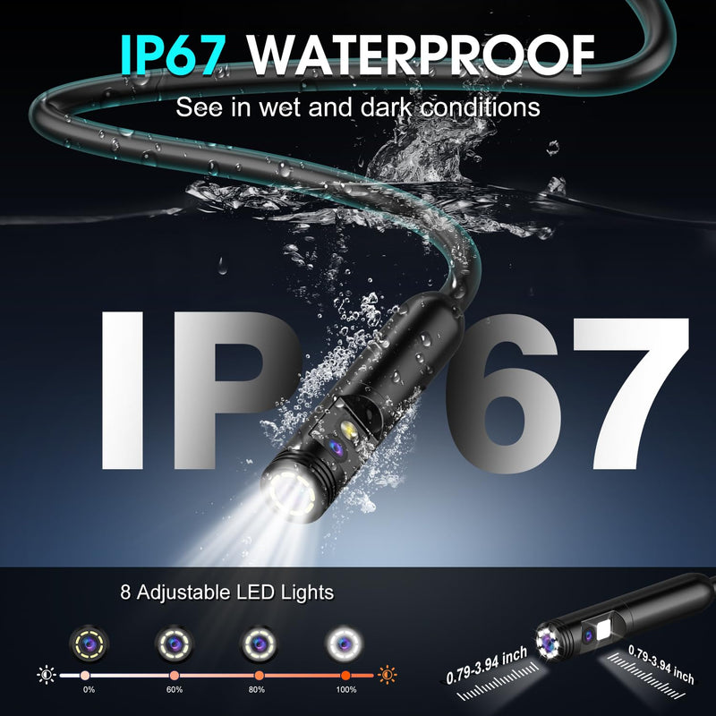 Dual Lens Endoscope Camera with Light, 1920P HD Industrial Borescope with 4.3" LCD, IP67 Waterproof Inspection Camera, 16.4FT Semi-Rigid Cable, 8 LED Lights 32GB Card, for Sewer Pipe Car Repair(Black) black