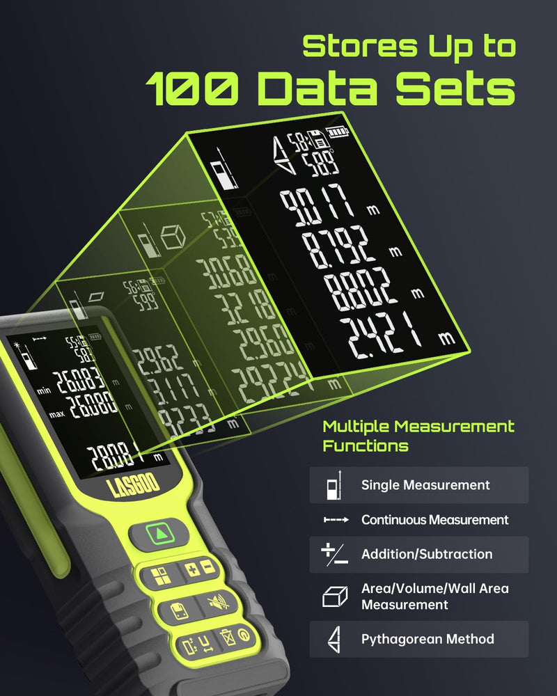Laser Measure, LASGOO 100m/328ft Laser Measurement Tool, Laser Distance Meter with Angle Sensor, Ft/in/M Units, LCD Backlit Display, Length/Area/Volume/Pythagorean Mode, Battery Included