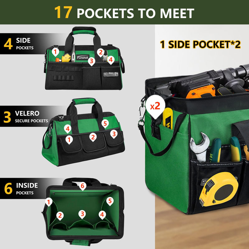 16 Inch Heavy Duty Tool Bag, Compact Tool Organizer with 17 Pockets, Wide Mouth Tool Tote with Adjustable Shoulder Strap, Portable Work Bag for Electricians, Mechanics, Contractors, DIY & Home Repair Green 15.6"L x 8.3"W x 9.5"H
