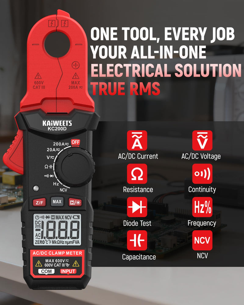 KAIWEETS Digital Clamp Meter with Round Jaw, Automotive Multimeter, NCV, 2000 Counts, Amp Voltmeter, Accuratly Measure AC/DC Current & Volatge, Resistance, Diode, Capacitance, Continuity, Frequency Red