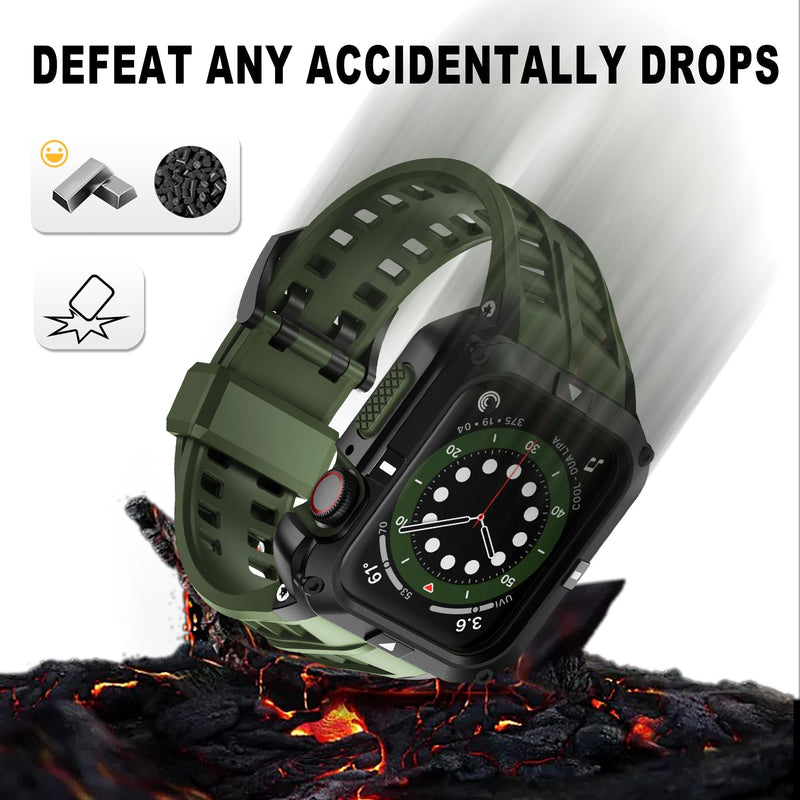 T-ENGINE Metal Case Compatible with Apple Watch Series 7/8/9 (45mm) for se Series 6/5/4 (44mm), One-Piece Metal Case with TPU Band for 45mm 44mm Black+Army Green 44mm-Series 6 SE 5 4