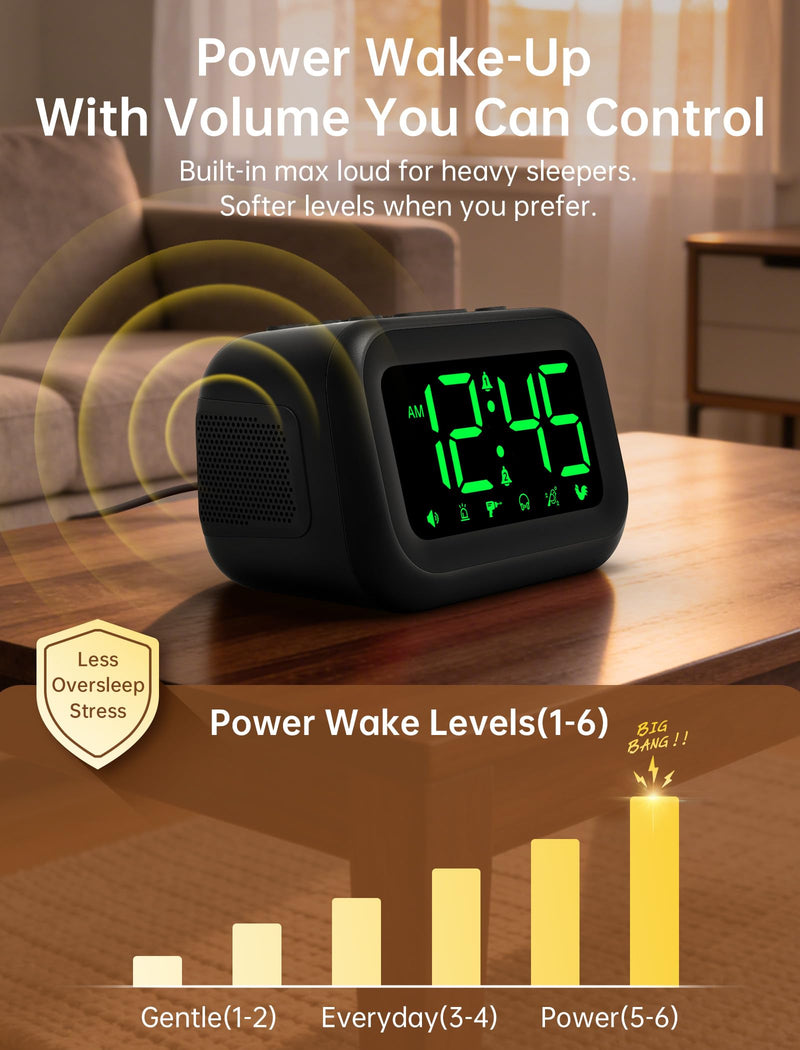 Extra Loud Alarm Clock: 115dB Dual Alarms and 6 Unique Alarm Sounds for Heavy Sleepers - Adult Students for Bedroom On-Time Wake-Ups - Green Digits Black - Green Digits
