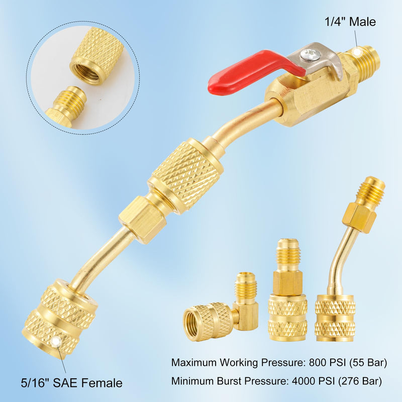 AC Refrigerant Angled Compact Ball Valve Set, 10pcs Air Conditioning Refrigerant Ball Valve 1/4 with R410A Mini Split Adapters 5/16" Female to 1/4" Male, Low Loss Fittings HVAC Tools 4 Ball Valve + 6PC R410A Adapter