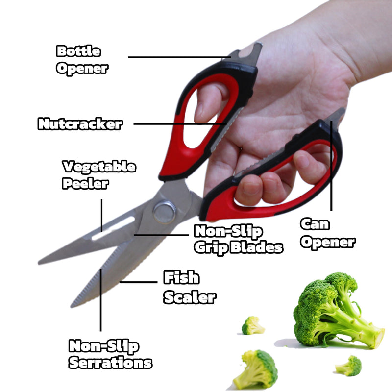 2-Pack Heavy Duty Kitchen Shears - Ultra Sharp All Purpose Food Scissors for Cutting Chicken Bones, Meat & Vegetables, Multi-Function Stainless Steel Cooking Shears (Black & Red) Black & Red