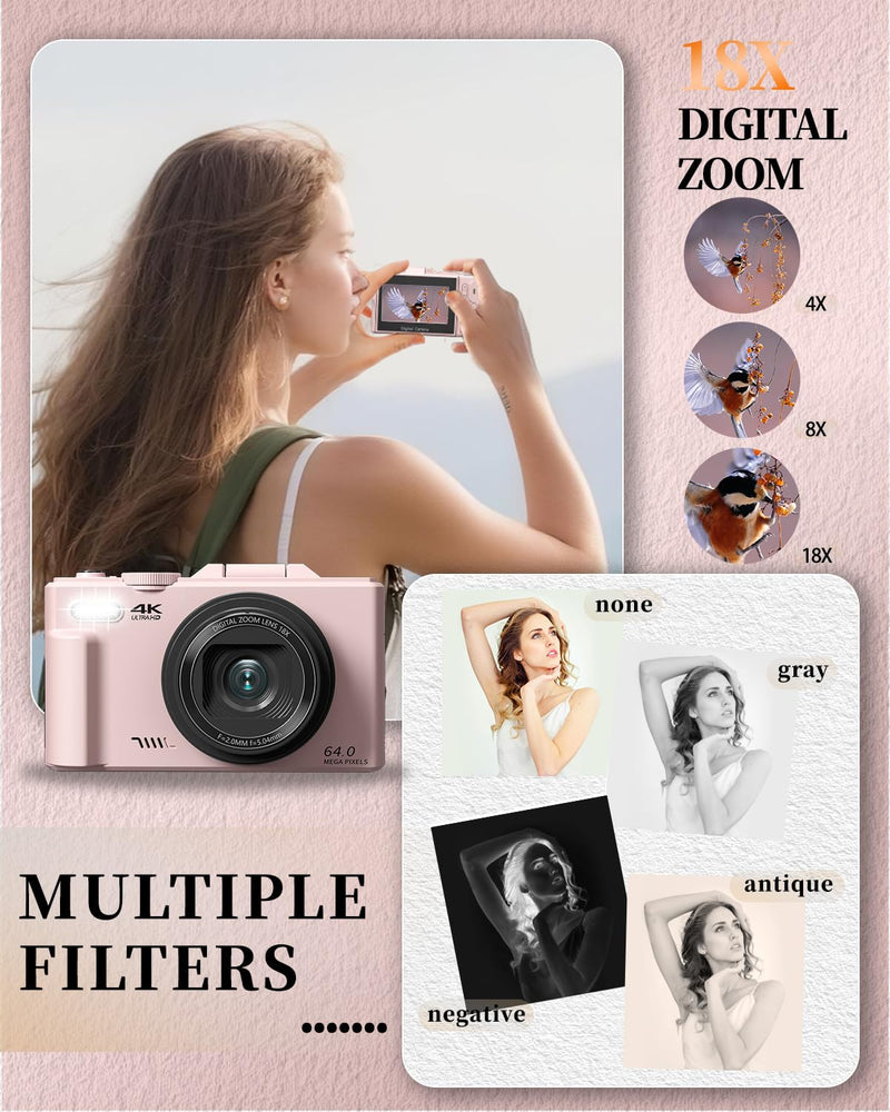 4K Digital Camera for Beginners & Teens, Compact Vlogging Camera with 180° Flip Screen, Autofocus, Easy-to-Use for Travel & YouTube, 18X Zoom, WiFi, 2 Batteries, 32GB Card Deep Pink