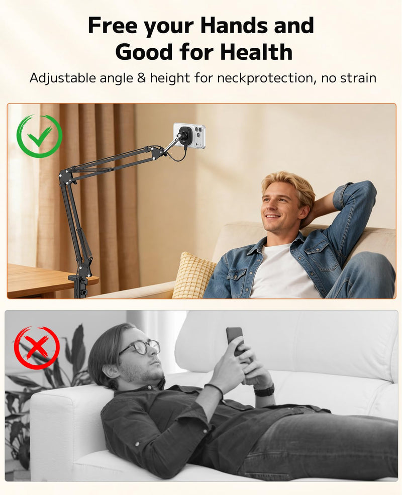 VRIG Magnetic Wireless Charger Phone Stand for Bed Desk Flexible Long Arm | Magsafe Overhead Phone Mount Stand for Desk, Adjustable Bedside Laying Down Magic Arm Clamp for iPhone, Vlogging, Drawing Wireless Charger Stand
