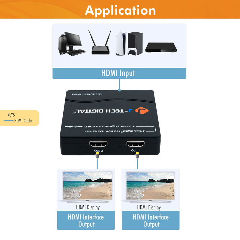 HDMI Splitter 1 in 2 Out 4K 60Hz Multi-Resolution Output (MRO) by J-Tech Digital HDMI 2.0 Splitter Supports Downscale HDR HDR10 / Dolby Vision 4K@60Hz 4:4:4 HDCP2.3 2.2 (JTECH-4KSP2) 4K 1x2 4:4:4