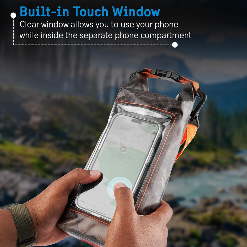 Pelican Marine IP68 Waterproof Dry Bag 2L w/Phone Pouch/Case - Hunter Camo | Roll Top Waterproof Backpack with Touchscreen Phone Pouch - Swimming, Kayaking, Camping, Rafting, Fishing & Travel Essentials Hunter Camo - 2L