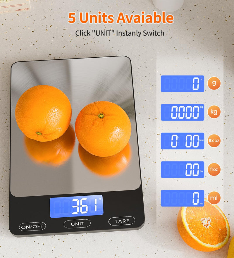 Food Scale -33lb Digital Kitchen Scale for Food Ounces Grams Rechargeable 305 Stainless Steel,Batteries and Type-C Charging | Perfect for Meal Prep, Cooking, and Baking, Black Large