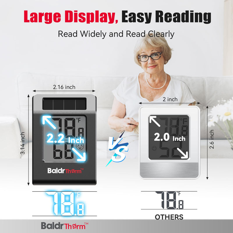 BaldrTherm Humidity Meter Hygrometer, Solar-Powered Room Thermometer Indoor Digital Temperature Sensor Monitor, 2.2''Humidity Gauge for Baby Rooms, Home, Office, 3Pack, Black Black 3pack