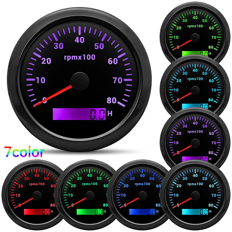ARTILAURA Tachometer Boat Tacometro 85mm 3-3/8" 7 Color LED 8000 RPM Gauge for Car AUTO Marine Truck 9-32V (Black) Black