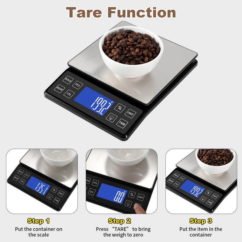 Digital Kitchen Scale with 0.1g/0.001oz High Precision, 5kg/11lb Food Bakery Scale with% Percentage Function, Tare Function, USB Rechargeable or AAA Battery Power, Stainless Steel Pan Black
