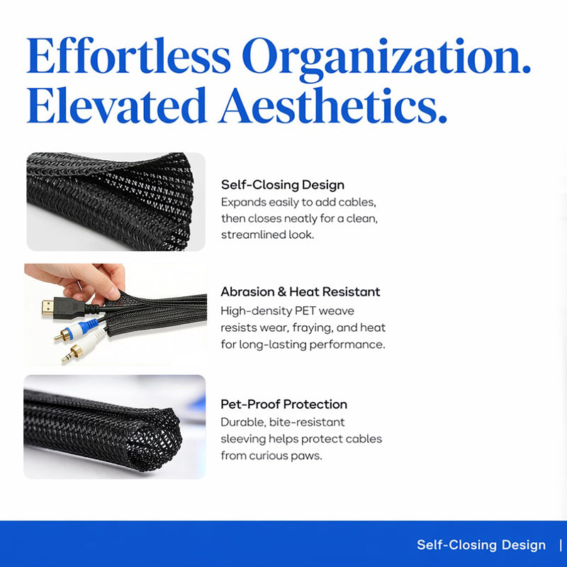 1/2" Split Cable Sleeves, Heavy Duty Wire Cover Cable Sheath to Hide Cords | Black 10ft Reusable Wire Organizer Flexible Abrasion Resistance Wire Loom Wrap for Car Desk Computer Pet Chew Protection 10ft - 1/2"