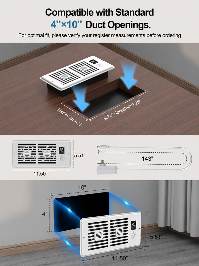 Quiet Register Booster Fan; for Floor/Wall Registers, 4" x 10" Smart Vent Fan Booster with Auto Thermostat Temperature Control, HVAC Air Vent Fan, Adjustable Speeds, Aromatherapy Pure White 4"×10"