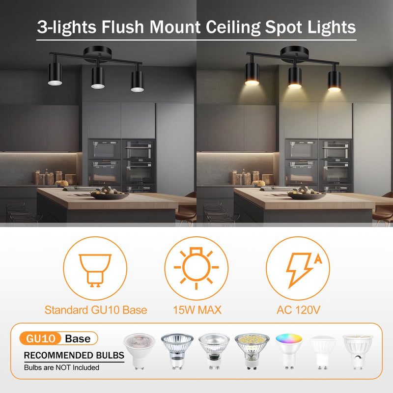 LED Track Lighting Fixtures Ceiling, Black 3-Light Track Lights for Kitchen, 3 Way Ceiling Spotlight, Flexibly Rotatable Wall Mount Light Head for Bedroom Hallway, Bulb Not Included 3-Light Track Lighting