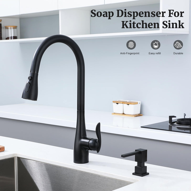 Sink Soap Dispenser for Kitchen Sink (Matte Black), All Brass Built-in and Refill from Top Design,Metal Hand Soap & Dish Soap Copper Pump Matte Black