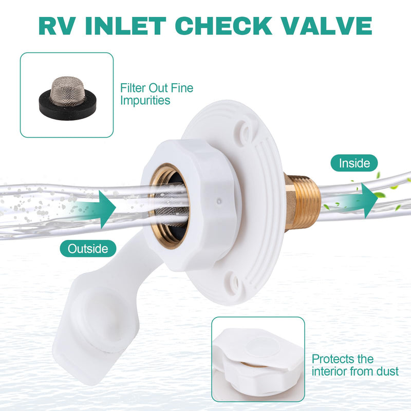 RV City Water Inlet with Check Valve, 3/4" NH Female to 1/2" NPT Male, RV Water Inlet Connection for Camper, Trailer, Marine, White