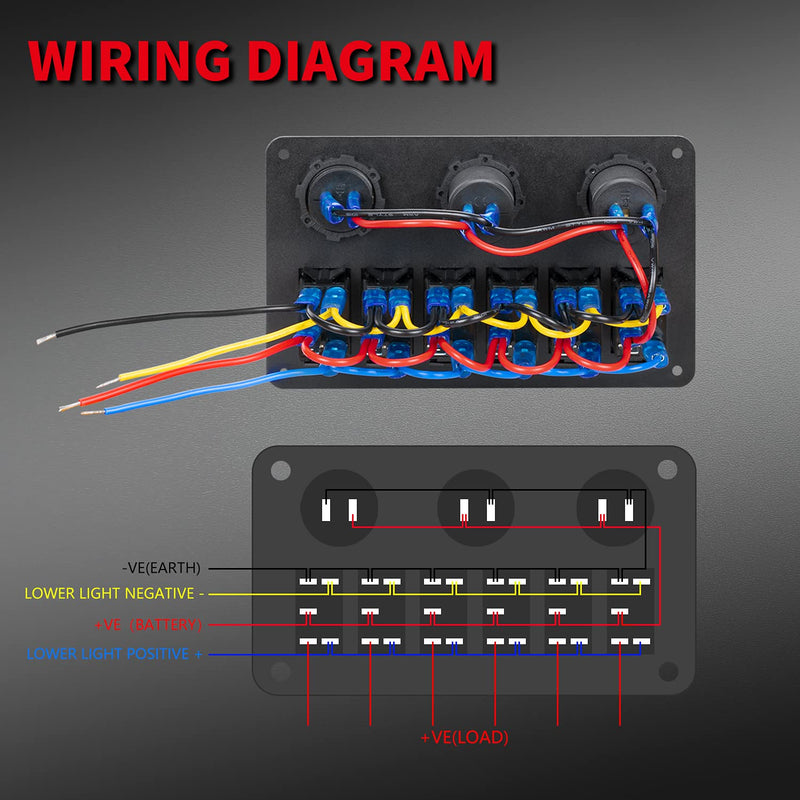 DaierTek 6 Gang Marine Rocker Switch Panel Waterproof 12 Volt, Boat Toggle Switch Panel 12V Blue LED Lighted for Boat Car RV UTV with USB Cigarette Lighter Socket Voltmeter