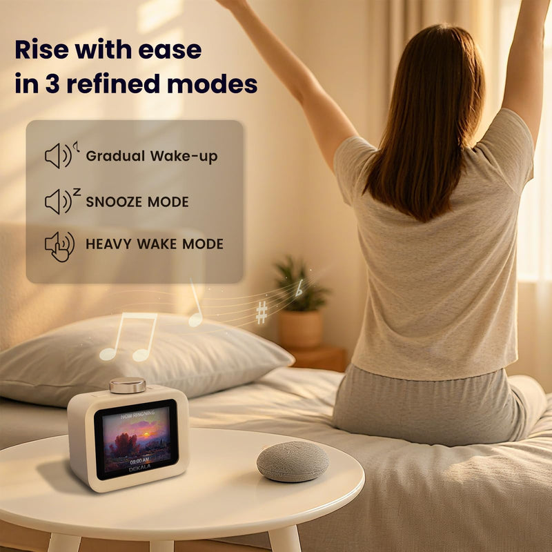 Dekala ChronoSense Alarm Clock Radio for Bedroom Temperature Humidity, 7-Day Programmable 4 Alarms, 100dB Loud Gradual Alarm for Heavy Sleeper, Visual Timer Clock Radio，White Noise Sound Machine Square