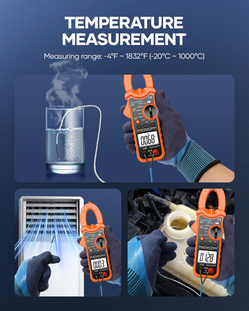 Crenova Digital Clamp Meter Multimeter 6000 Counts TRMS Voltage Tester Amp Meter for AC/DC Current/Voltage,Resistance,Capacitance,Frequency,Duty Cycle,Temperature,Continuity,Diode,NCV,Live Wire Test