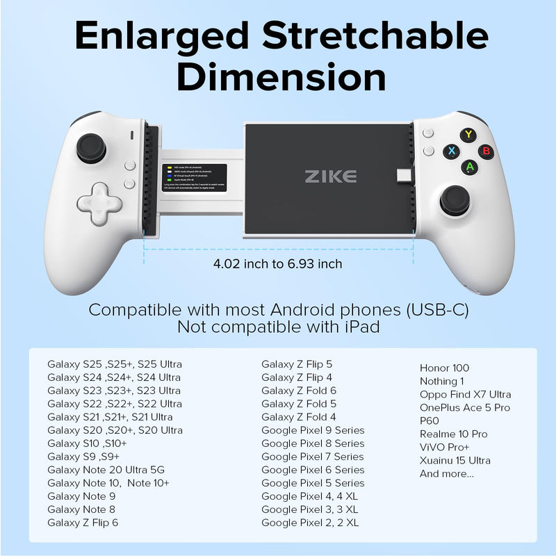 ZIKE Z331 Gaming Controller with Hall Effect Joysticks & Triggers | USB-C Mobile Gamepad for iPhone 15/16/17 & Android，Wireless Controller for PC, Xbox, Steam, Smartphones