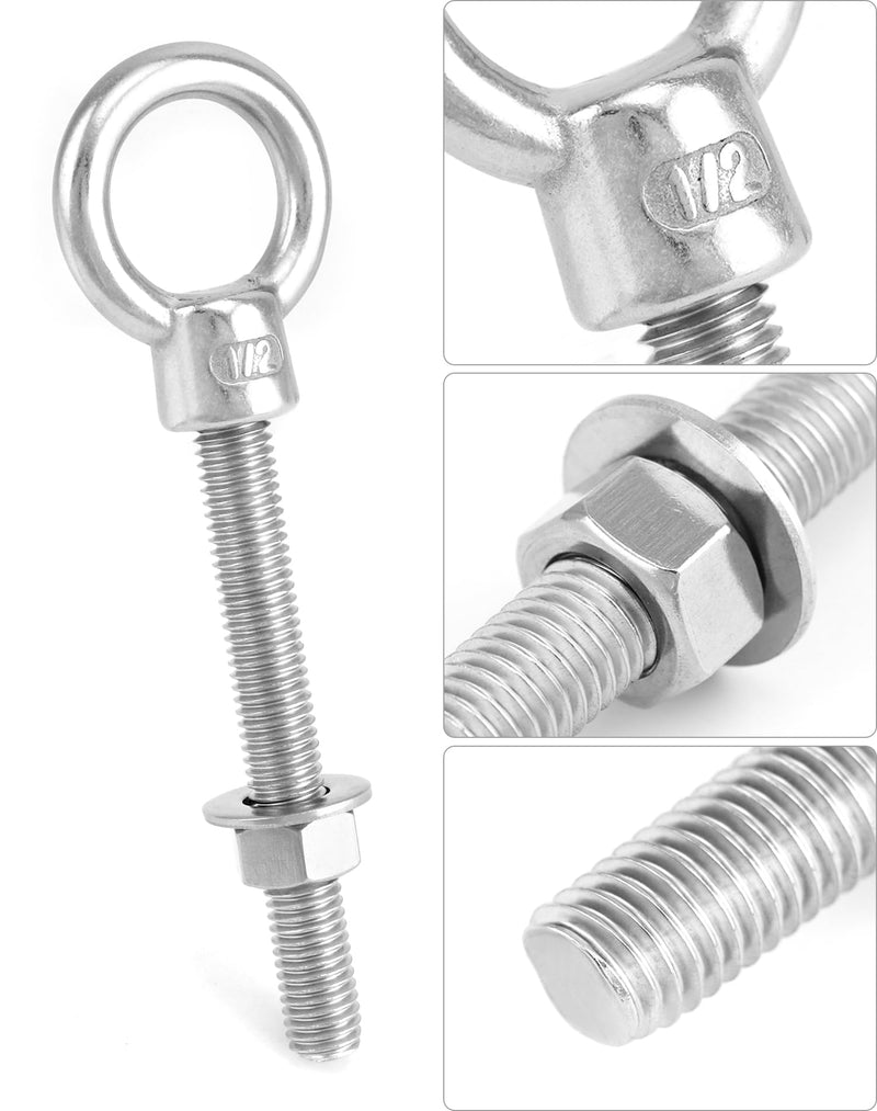 QWORK 316 Stainless Steel Machinery Eye Bolt with Shoulder, 5 Pack 1/2"x4" Long Stainless Steel Marine Grade Shoulder Eye Bolt, Threaded Eyebolts