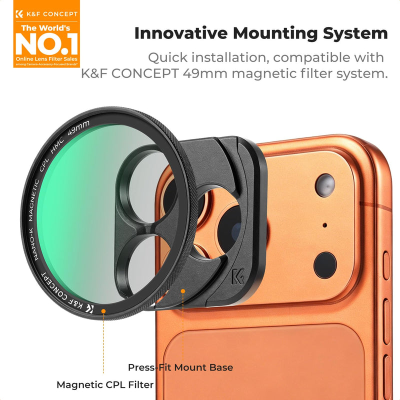K&F CONCEPT Magnetic CPL Filter Set Compatible with iPhone 17 Pro & Pro Max | 49mm Phone Lens Filter Kit with Direct-Fit Camera Base, Case Compatible Circular Polariser for iPhone, FA302
