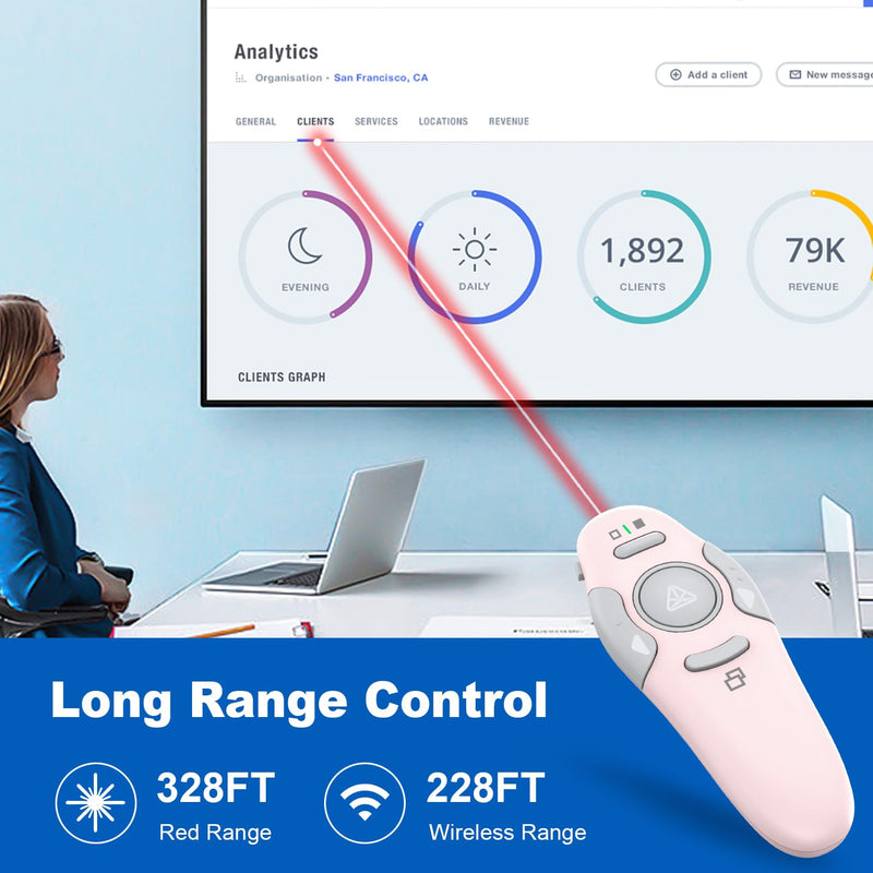 QUI Presentation Clicker Wireless Presenter Remote Clicker for PowerPoint Presentation Remote, PowerPoint Slide Advancer for Mac/Windows/Linux, Google Slide/PPT/Keynote, USB, Pink Small(USB)
