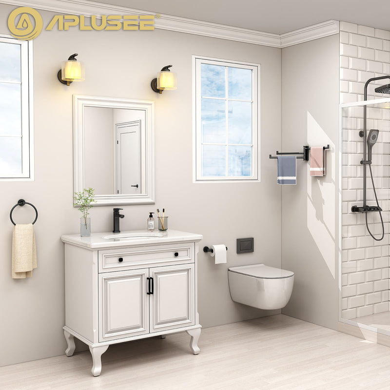 APLusee Matte Black 2 Pieces Bath Accessories Set, Hand Towel Ring and Toilet Paper Holder, Stainless Steel Bathroom Hardware, Wall Mounted Matte Black Round Shape