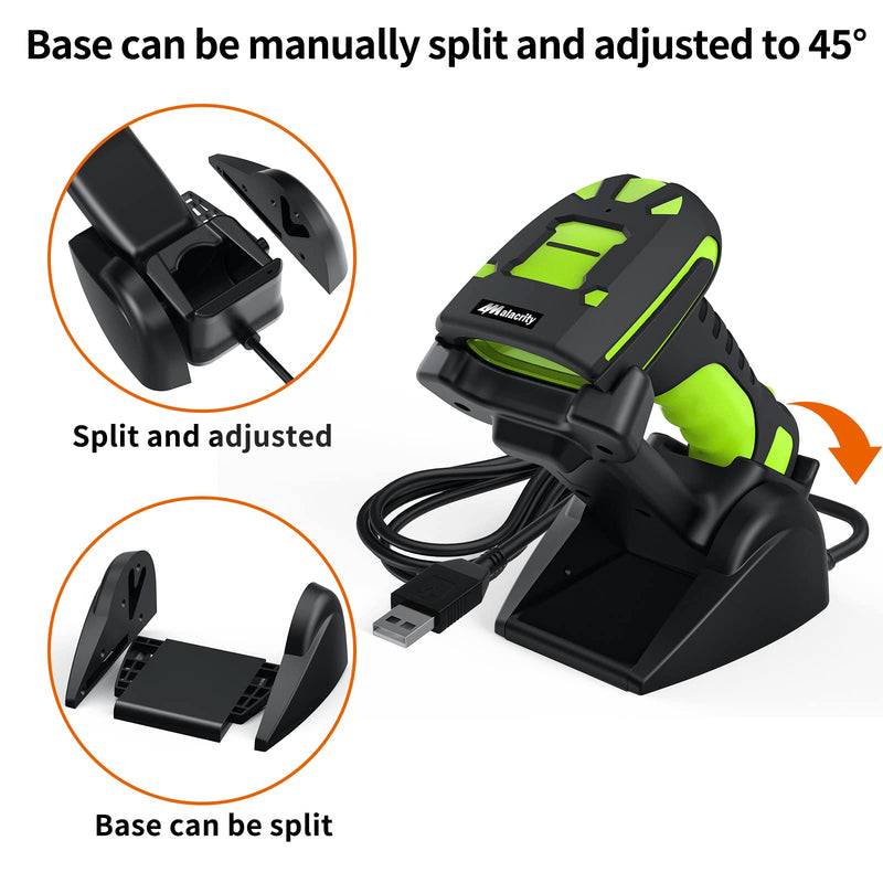 Alacrity 2D Industrial Wireless Barcode Scanner with Charging Stand, Bluetooth Drop Resistant, 1968 Feet Transmission Distance 433Mhz QR 1D Bar Code Reader Green