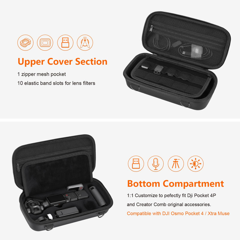 AMAZEAR Carry Case for DJI OSMO Pocket 4P, Pocket 4 Pro Accessories Compact Hard Shell Cover Travel Bag for Pocket4 / Xtra Muse with Shoulder Strap, Storage, Organization, Protection, Black