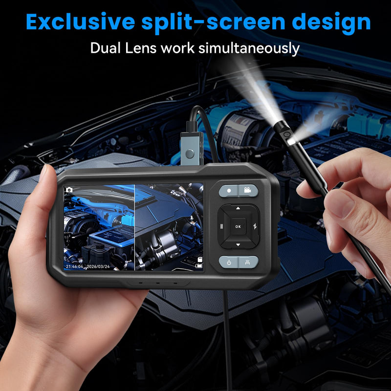 KIRFEIHT Endoscope Camera with Light, Dual Lens IP67 Waterproof Industrial Borescope with 32GB Card, Detachable 16.4FT Semi-Rigid Snake Cord, Android & PC Compatible for Plumbing HVAC Automotive Dual-Lens